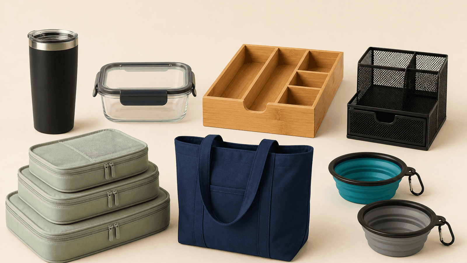 Everyday essentials including an insulated tumbler, glass food storage container, bamboo drawer organizer, desk organizer, travel packing cube, canvas tote and pet travel bowl