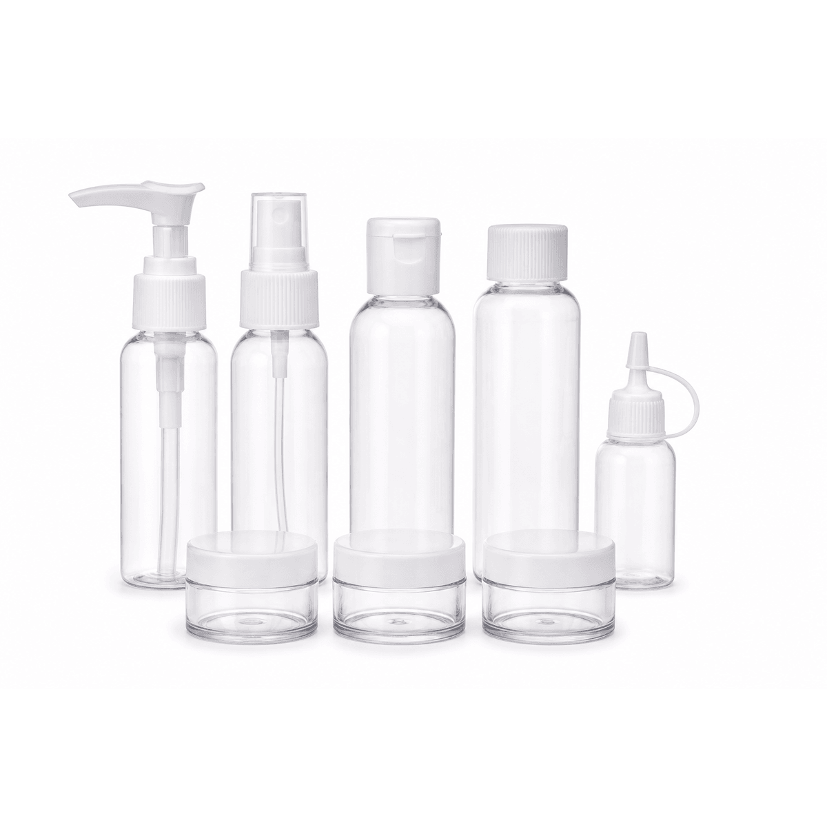 Refillable Travel Bottle Set, Eight Pieces, Clear on a white background