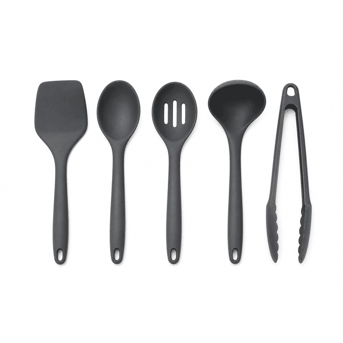Silicone Cooking Utensil Set, Five Pieces, Charcoal on a white background