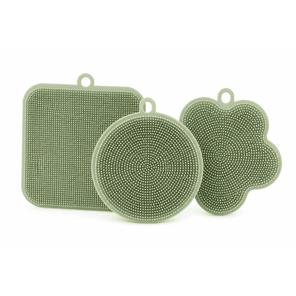 Silicone Dish Scrubber Set, Three Pieces, Sage on a white background